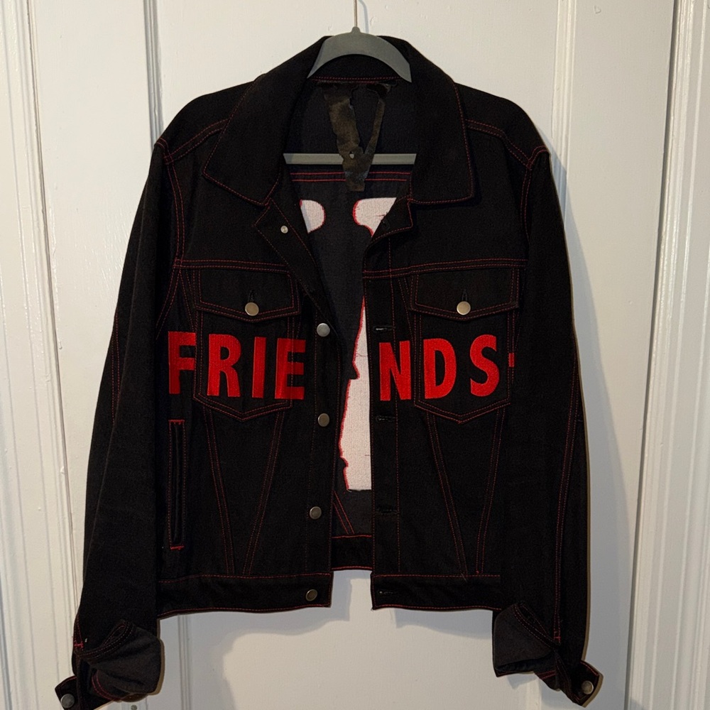 Vlone Black Denim Jacket with Red Lettering